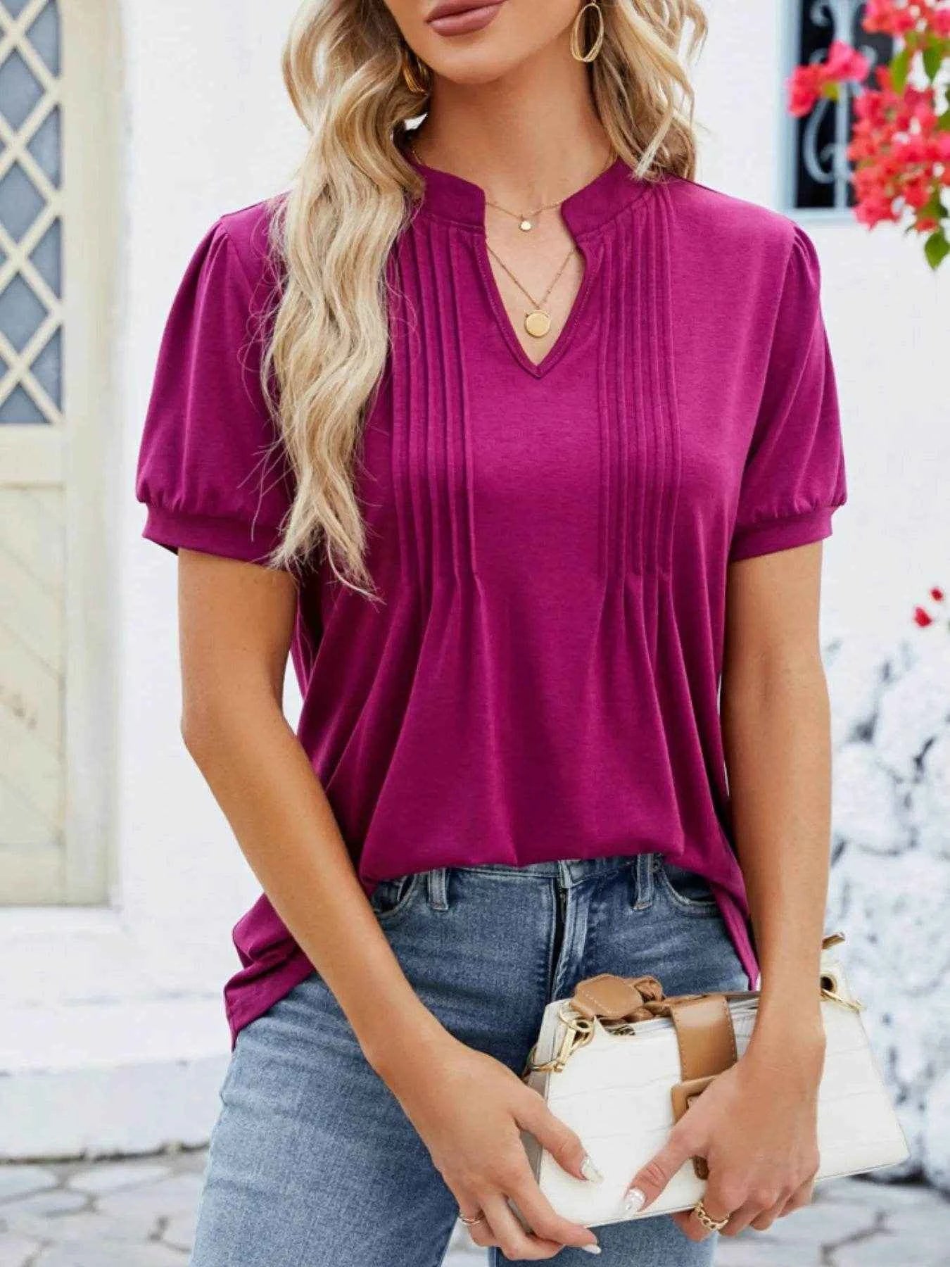 Notched Short Sleeve T-Shirt Trendsi 301f162d-c994-4b71-a934-6784aa35cbb7-Max-Origin
