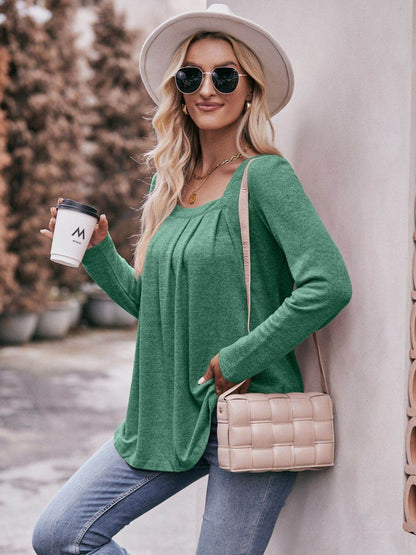 Mandy Pleated Detail Curved Hem Long Sleeve Top Trendsi 302814d46d954b02b1a3003d814b630a-Max