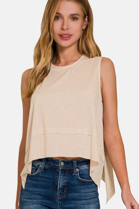 Zenana Exposed Seam Slit Round Neck Tank Sand Beige Trendsi 3047045f-fd02-405c-ad86-6a765f001893-Max