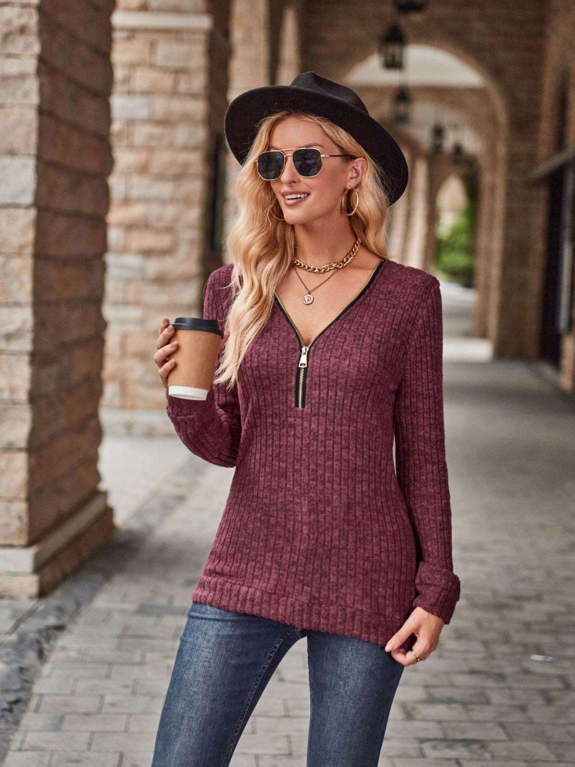 Half-Zip V-Neck Long Sleeve Top Trendsi 3049111528db4598aabc3835f27dc310-Max