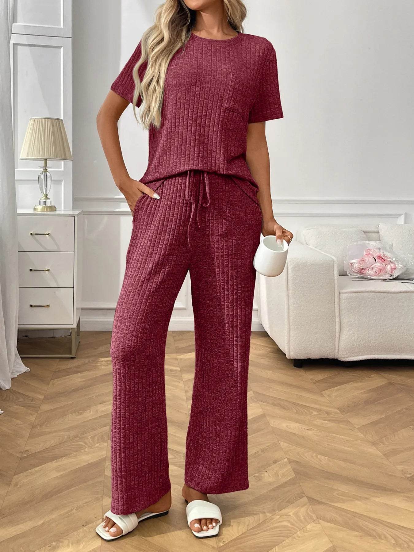 Ribbed Knit Short Sleeve Top and Pants Lounge Set Trendsi 305553717ff8421d84f2311fcfca65db-Max-Origin