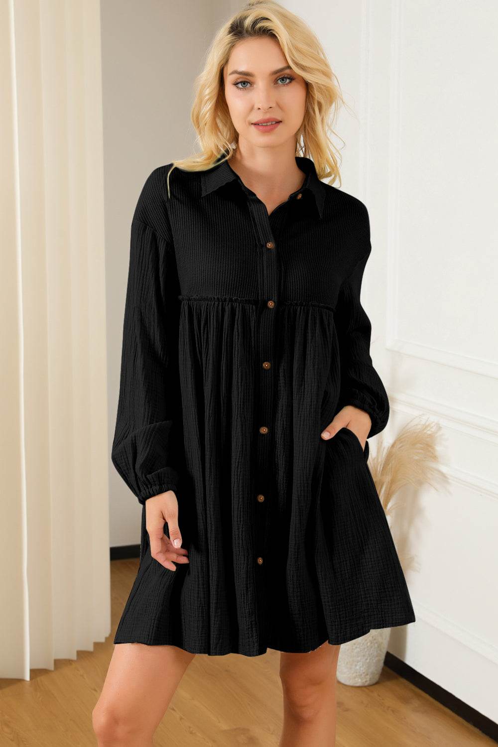 Buttoned Collared Neck Dropped Shoulder Mini Dress Black Trendsi 30580b54e64b4ee9bc1a2cbfcb137425-Max