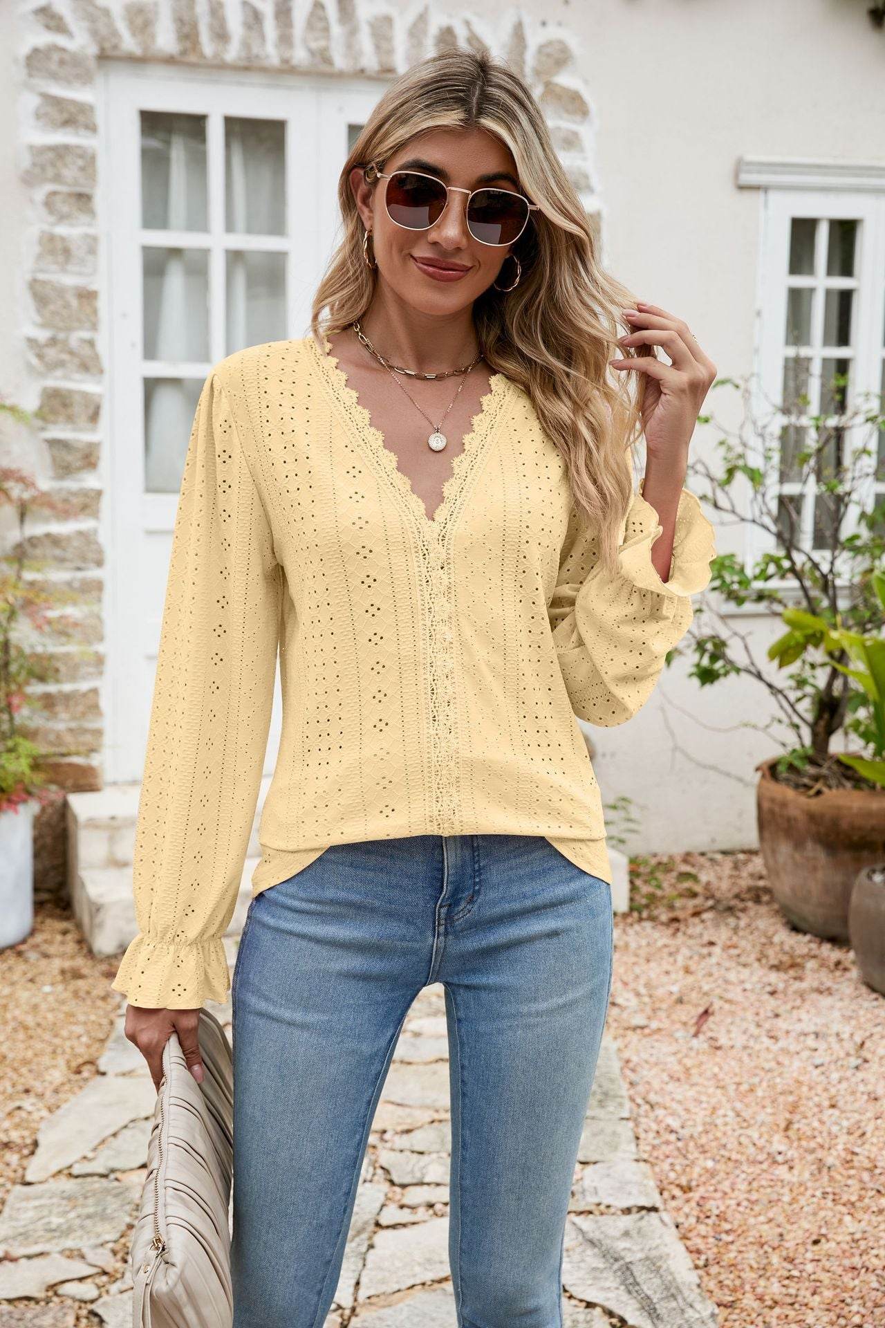 Eyelet Lace Trim Flounce Sleeve Blouse Trendsi 306ceaa1598e42878b02865e579da314-Max