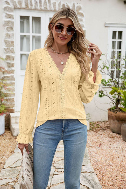 Eyelet Lace Trim Flounce Sleeve Blouse Trendsi 306ceaa1598e42878b02865e579da314-Max