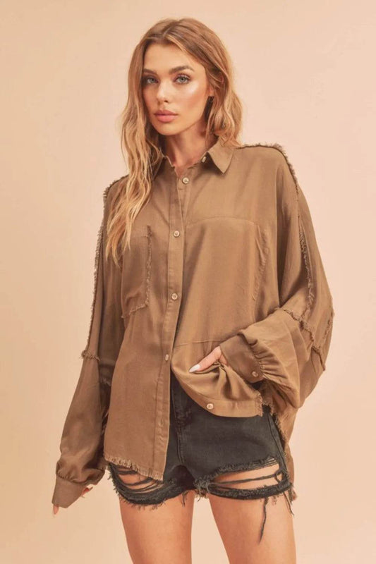 Aemi + Co Raw Edge Exposed Seam Collared Neck Long Sleeve Shirt Camel Trendsi 30761135-cdbd-4487-b032-04465a901f11-Max-Origin