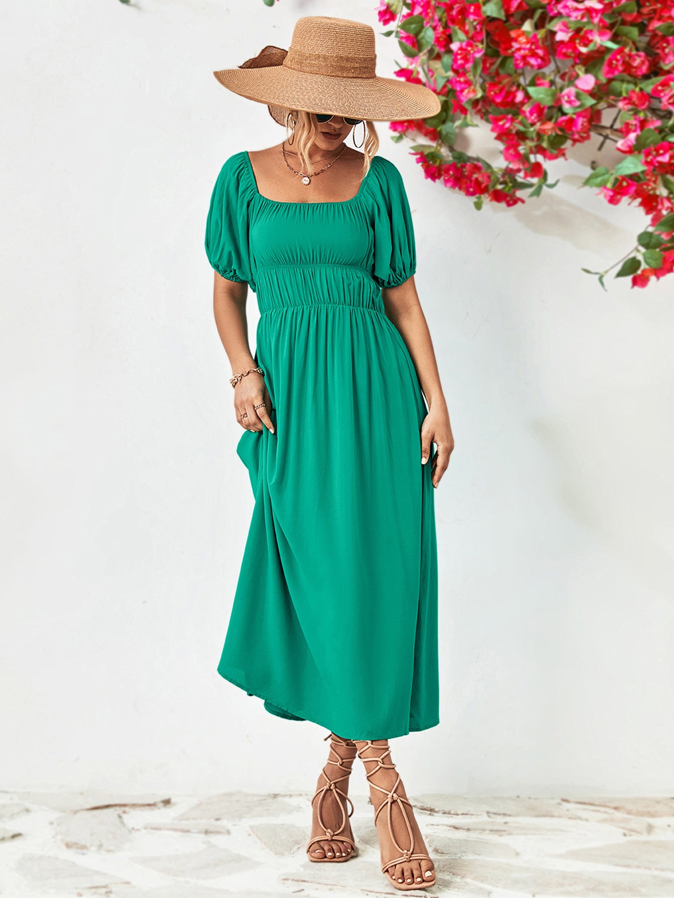 Off-Shoulder Balloon Sleeve Midi Dress Trendsi 307f9eb667f94c3faca2ed4cf454b354-Max