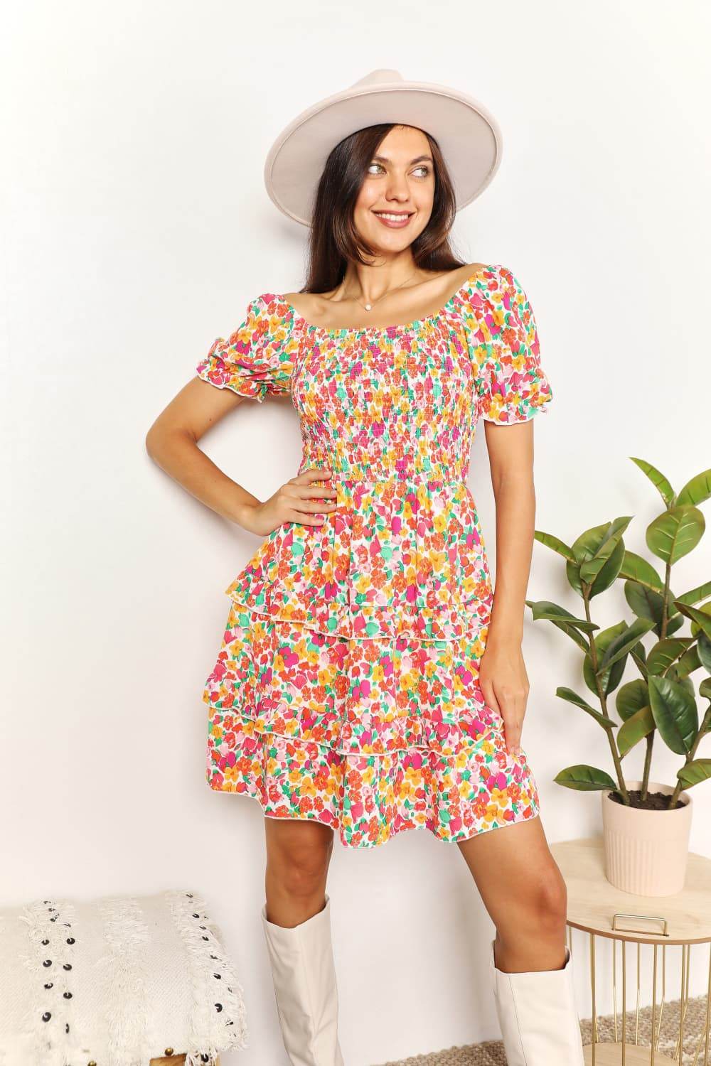 Devine Smocked Sweetheart Neck Flounce Sleeve Mini Dress Trendsi 30c76ac449794ccf81a4ef389d3000e9-Max
