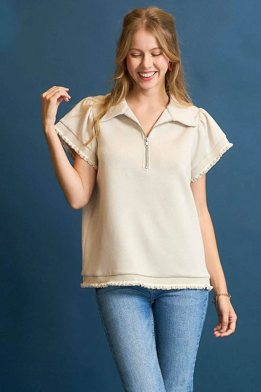 Umgee Frill Hem Half-Zip Collared Blouse Cream Trendsi 30d816a1-8cfa-4f7b-bbce-05d2f0ae009d-Max-Origin