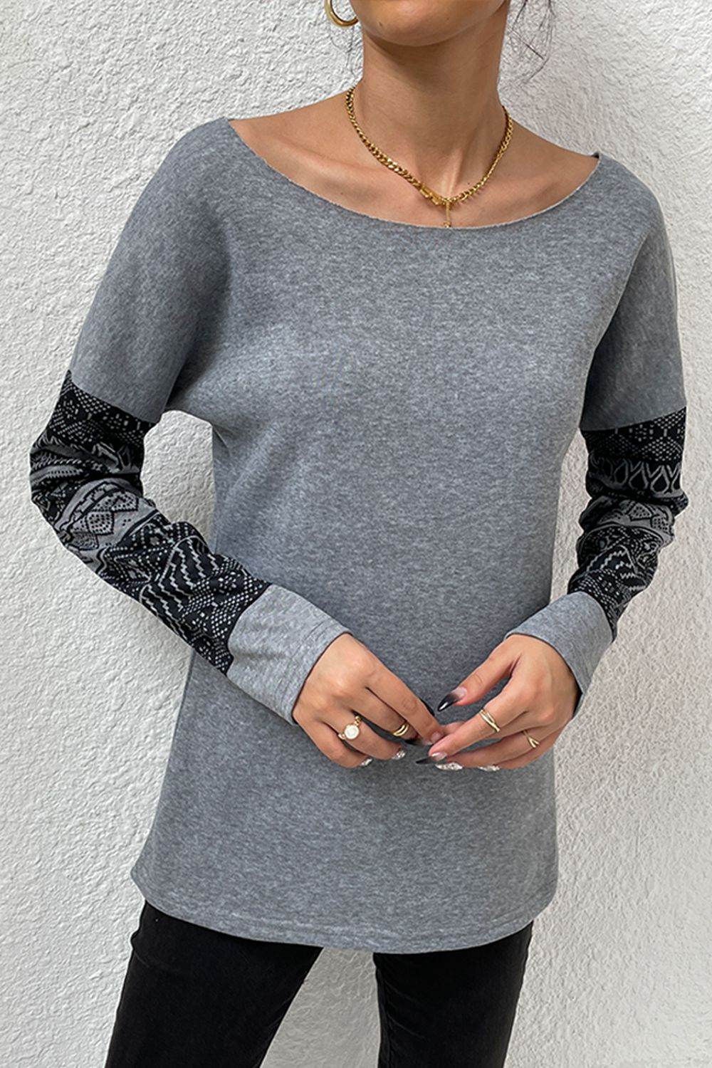 Shiny Boat Neck Long Printed Sleeve Blouse Trendsi 30e86d1e336c47d3bbdc37b6a8981676-Max