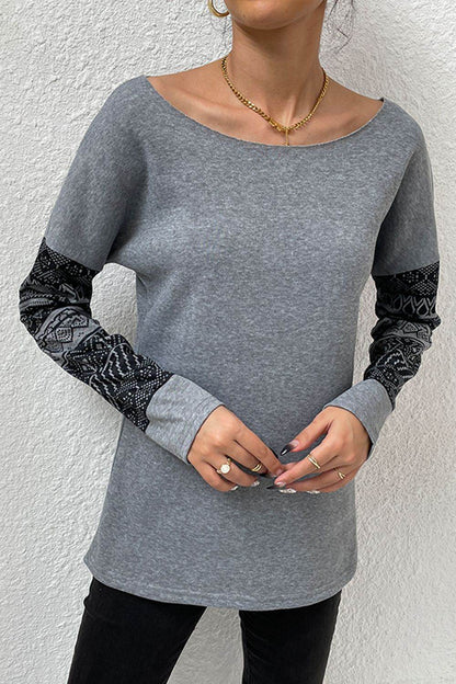 Shiny Boat Neck Long Printed Sleeve Blouse Trendsi 30e86d1e336c47d3bbdc37b6a8981676-Max