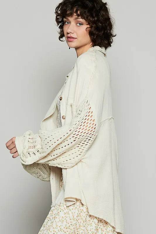 POL Openwork Lantern Sleeve Button Down Gauze Shirt Trendsi 30ff7a77-0ac8-4879-bf73-f85f2e229016-Max