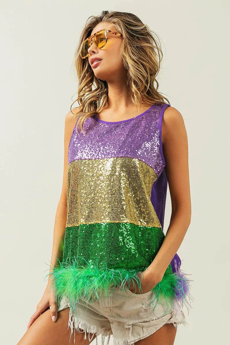 BiBi Mardi Gras Color Block Faux Feather Hem Sequin Top Trendsi 3101f46565dd4126acc6e9b96a79f316-Max-Origin
