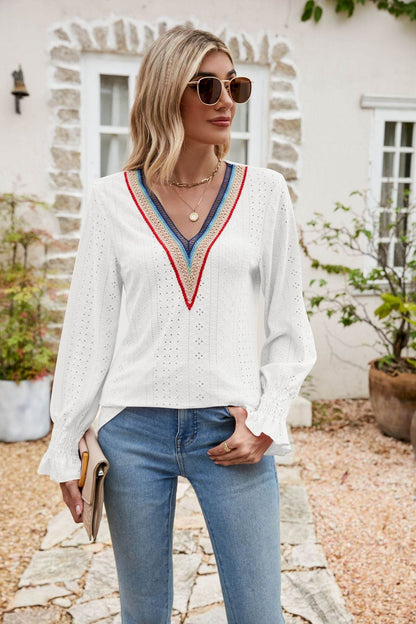 Eyelet Flounce Sleeve V-Neck Blouse White Trendsi 3103b25b71bd4eda810064ee2e703eb0-Max