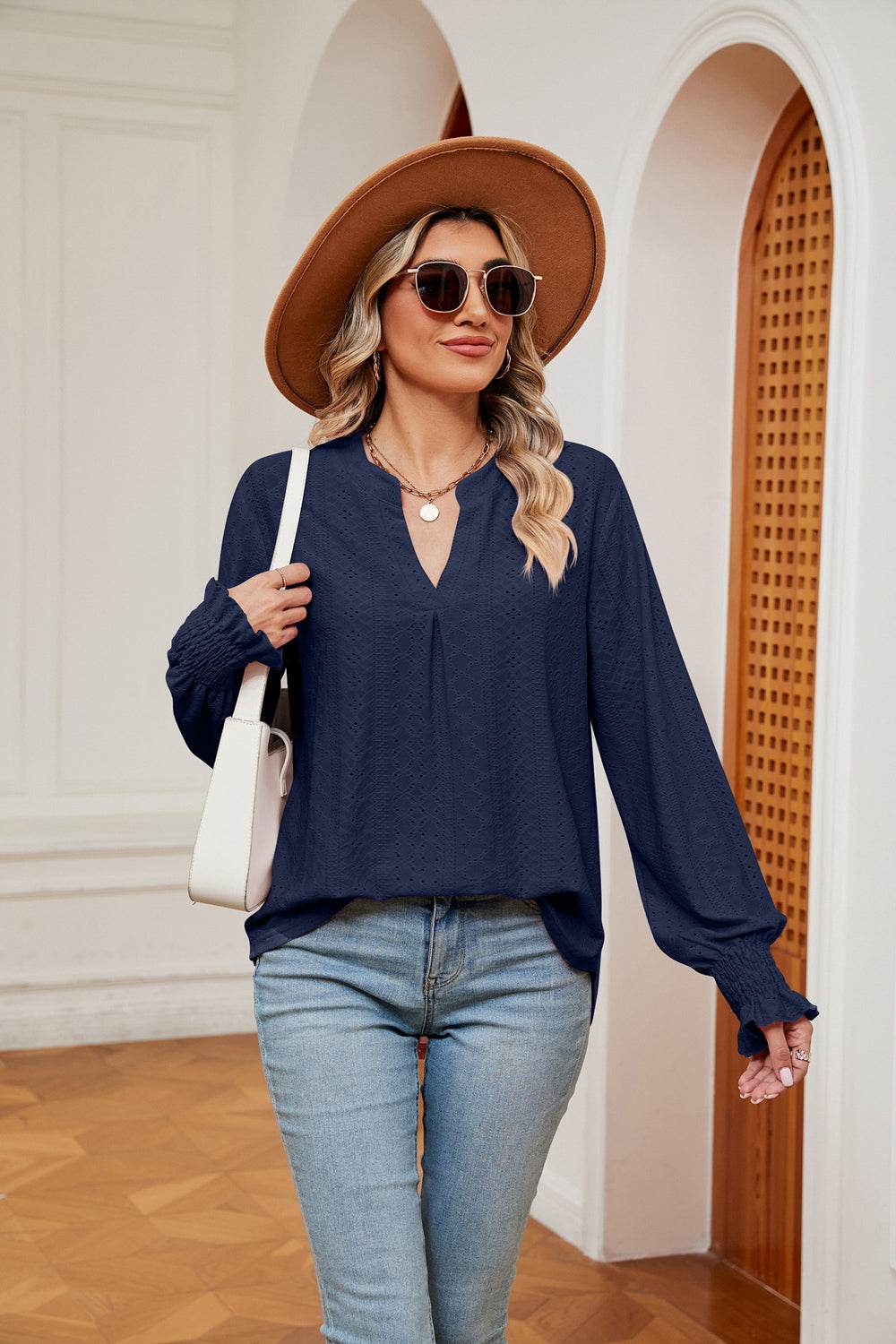 Notched Neck Flounce Sleeve Blouse Navy Trendsi 3143c691915c41749d03da13a2fe076b-Max