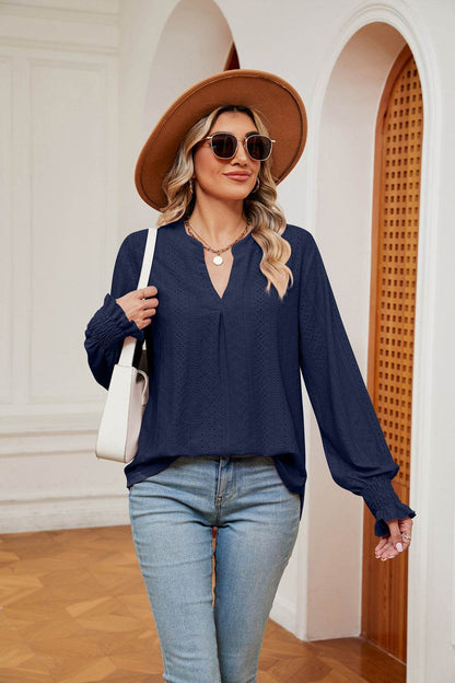 Notched Neck Flounce Sleeve Blouse Navy Trendsi 3143c691915c41749d03da13a2fe076b-Max