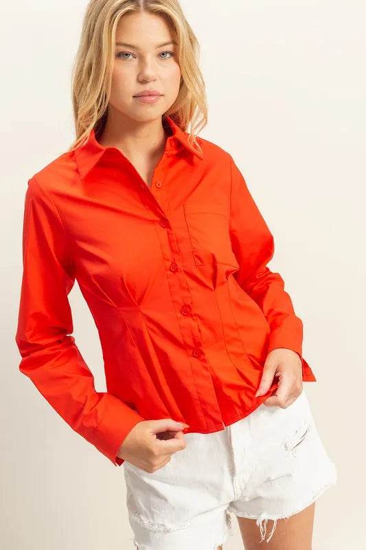 HYFVE Long Sleeve Pleated Waist Poplin Shirt RED Trendsi 31afc521-11e9-4681-93e5-92ba7f42fa16-Max-Origin