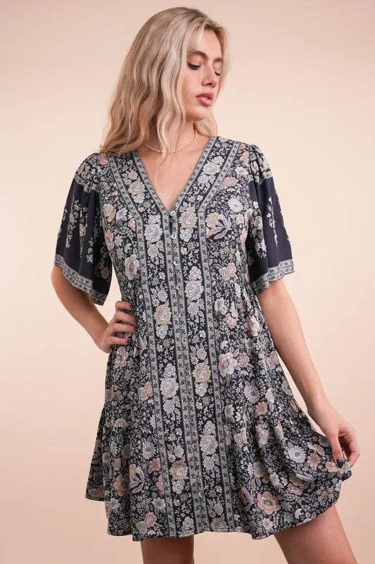 VERY J Shirring Detail Printed Woven Mini Dress Trendsi 31bab42a44eb444890f1520e4300d1e9-Max-Origin