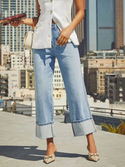 High Waisted Straight Leg Rolled Jeans Light Trendsi 31c67b49-81c3-4159-8fa0-4cccff0d1641-Max