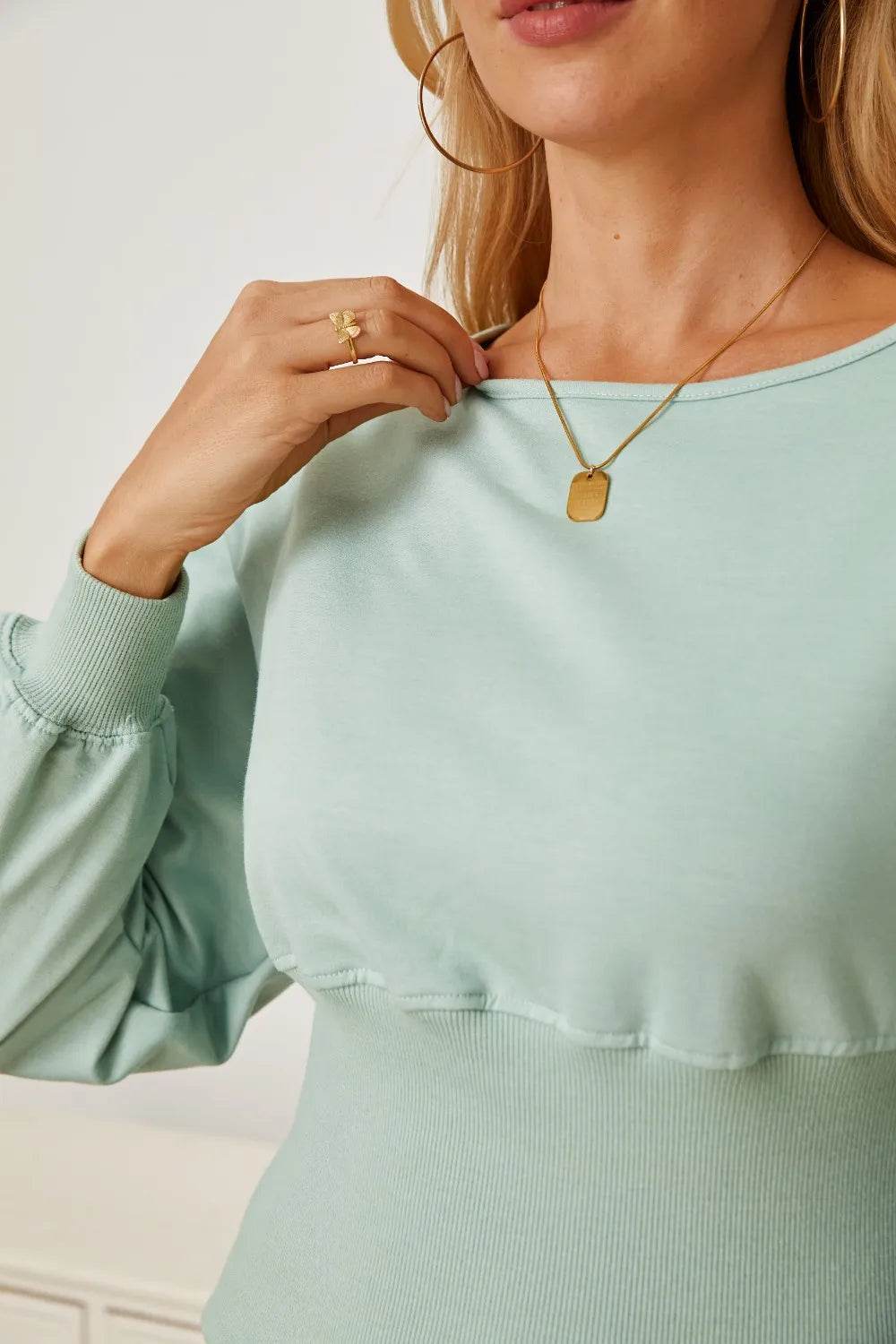Boat Neck Lantern Sleeve Blouse Trendsi 31ccac05-aea2-43fd-bf62-a08aee2761c2-Max