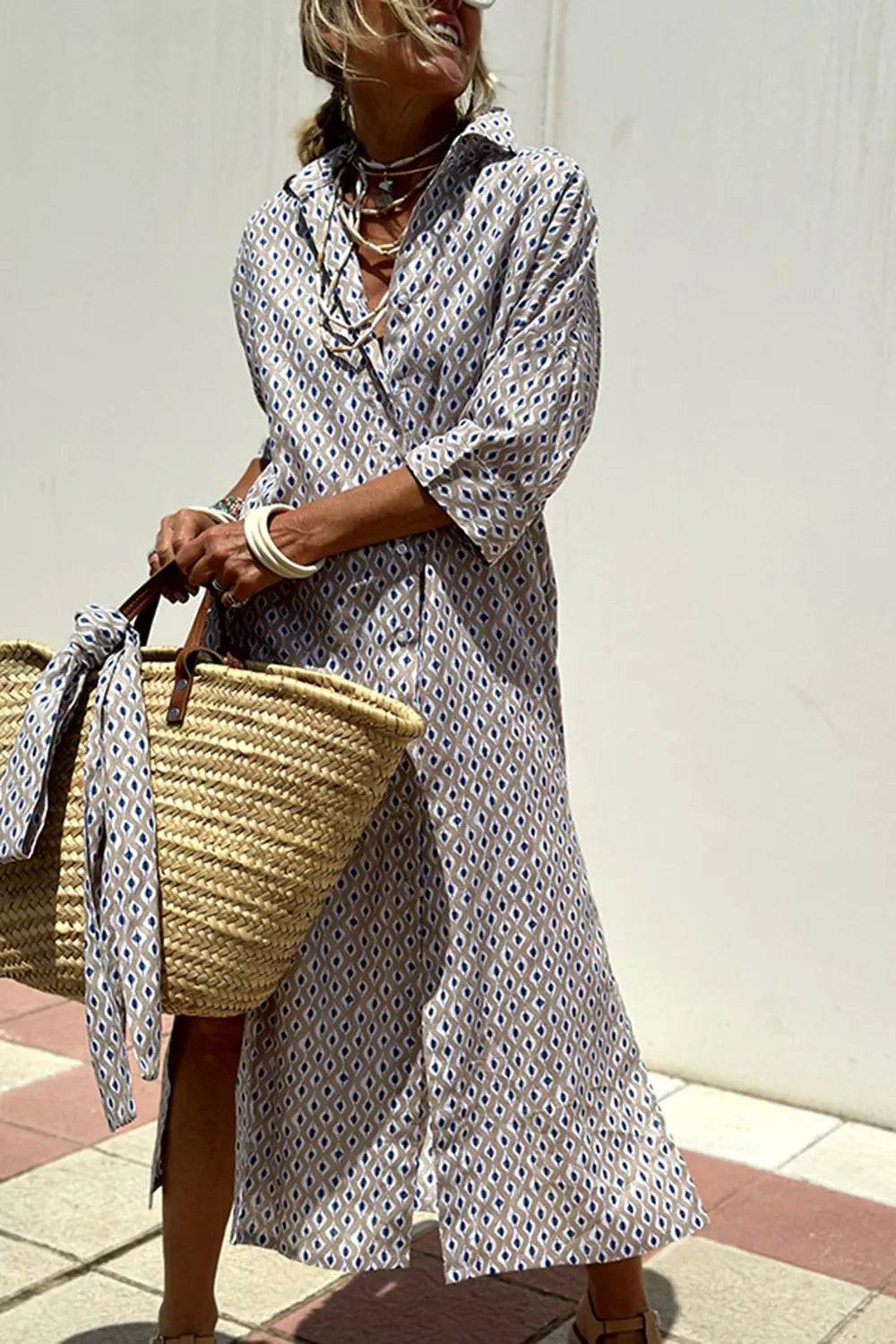 Tied Button Up Three-Quarter Sleeve Dress Trendsi 31d0ef52-6247-4e2b-80bb-84b7f264ab43-Max