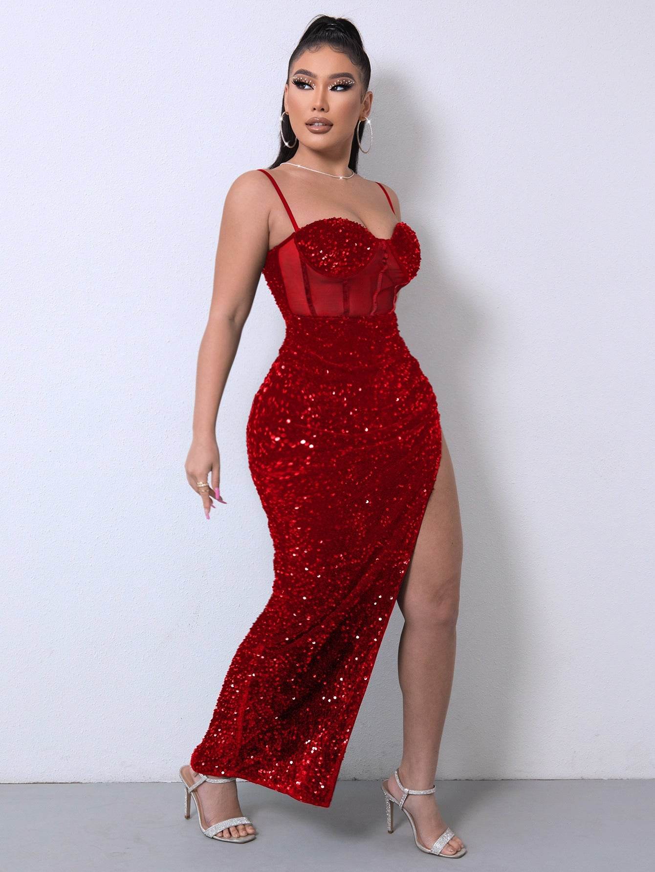 Sequin Spliced Mesh Adjustable Strap Dress Trendsi 31df74601a97406eb12afb3d1f27ad25-Max