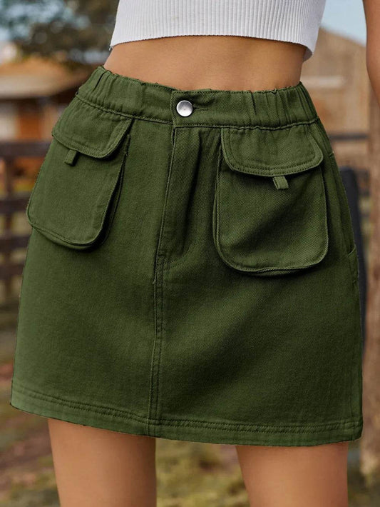 Pocketed Elastic Waist Denim Skirt Dark Green Trendsi 31f6df1a-39f2-4d1c-a318-df421dfe45dd-Max