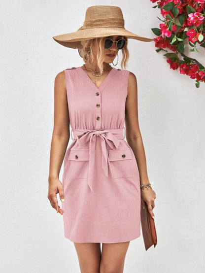 Buttoned V-Neck Belted Sleeveless Dress Trendsi 320bd1c03cfe4177ba4d9cef235d71d7-Max