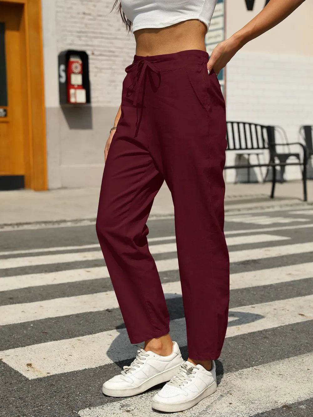 Elastic Waist Tapered Pants Burgundy Trendsi 321c9d11-94d1-4170-9804-44eff49404f2-Max