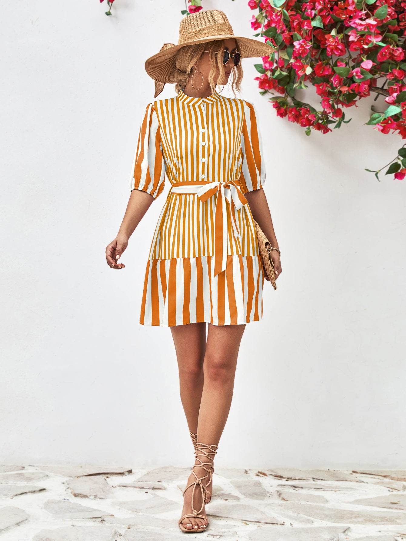 Striped Half Sleeve Tie Waist Mini Dress Trendsi 321dd4552d0548e0a40cc630453b3223-Max