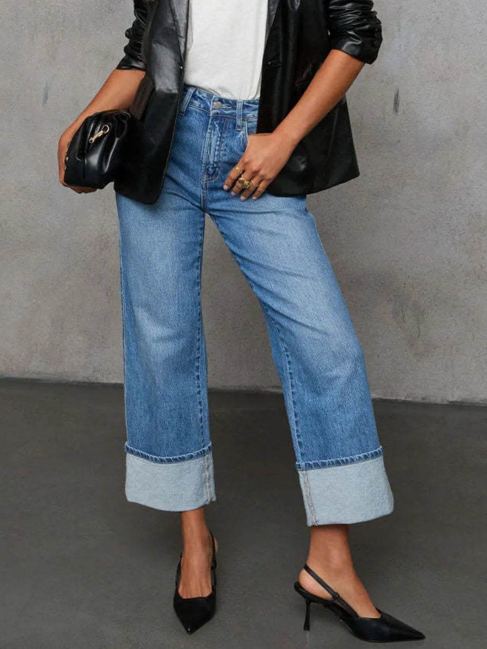 High Waisted Straight Leg Rolled Jeans Trendsi 3229a1b2-f861-46c6-b404-b925412fad60-Max