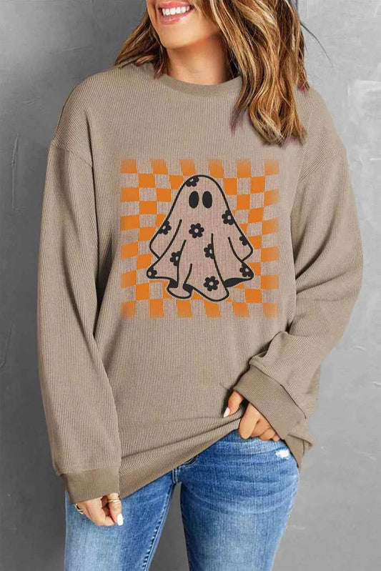 Ghost Round Neck Long Sleeve Sweatshirt Mocha Trendsi 3254bbac-26e5-4be7-be30-42a0701240bb-Max