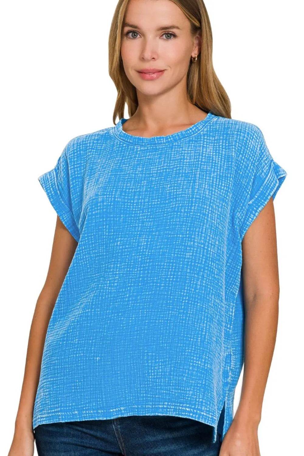 Zenana Woven Double Gauze Acid Washed Short Sleeve Top Trendsi 327d0d50-2173-4abc-8c2b-6bc4be83c42f-Max-Origin