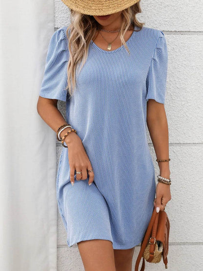 Textured Round Neck Short Sleeve Mini Dress Trendsi 329e8094-7879-463d-8b81-c8f4510bdec9-Max