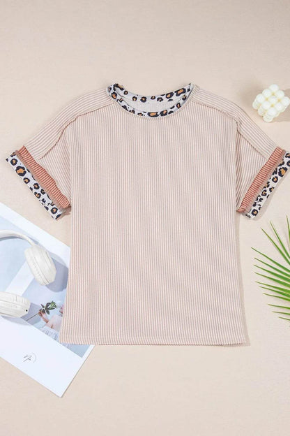 Leopard Trim Round Neck Ribbed T-Shirt Trendsi 32bb9874-e778-4a4b-82d9-1e23ceffadcf-Max-Origin