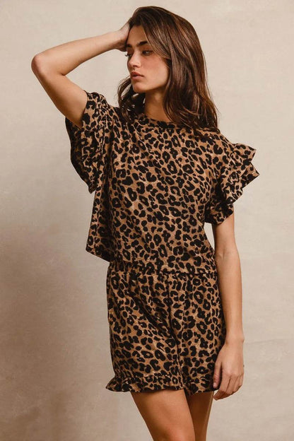 BiBi Leopard Print Waffle Texture Layered Ruffle Sleeve Top and Shorts Set Trendsi 32be96e8a203402583bdecfaf047846e-Max-Origin