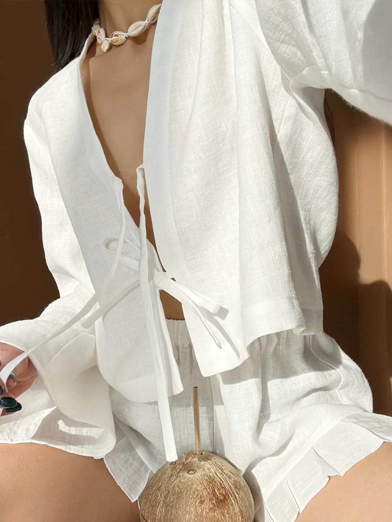 Tie Front Long Sleeve Top and Shorts Set Trendsi 32bec5071d604c45a027b36820f3799d-Max-Origin