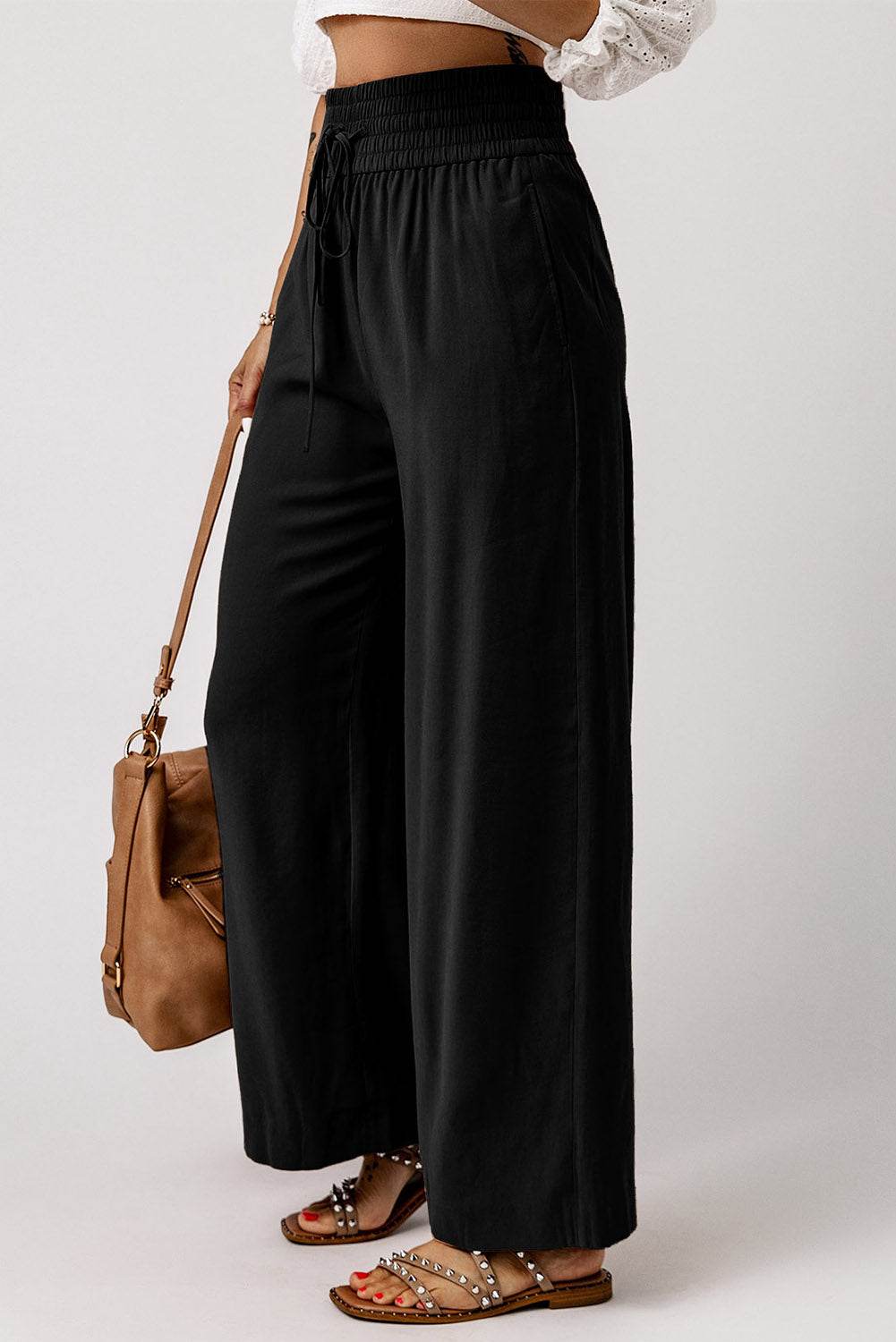 Drawstring Smocked Waist Wide Leg Pants Trendsi 32c8c07216c34456b89a16391e86cbd1-Max