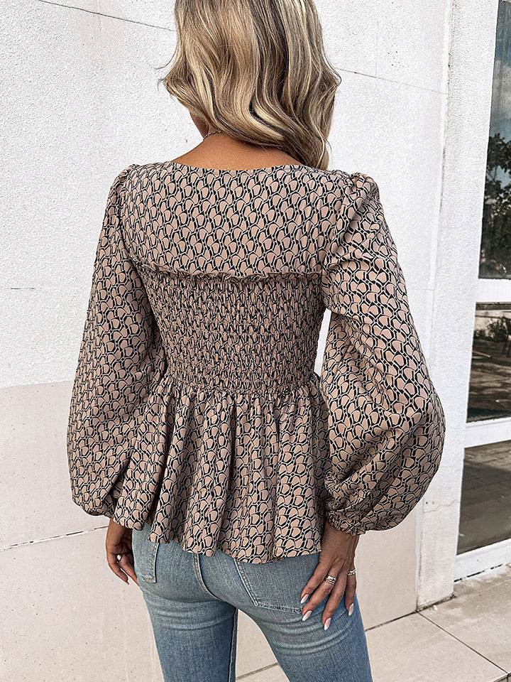 Honey Printed Square Neck Long Sleeve Blouse Trendsi 32f01043c6c54970b05be8c3f0801e3f-Max