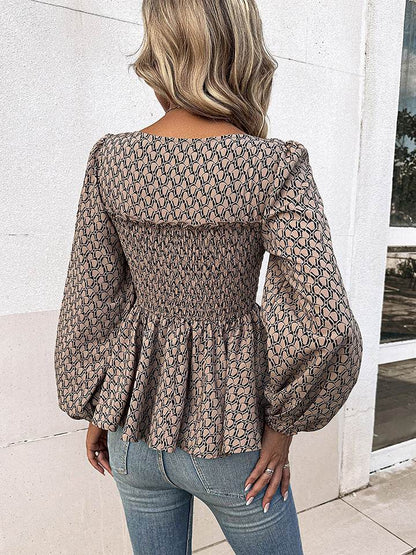 Honey Printed Square Neck Long Sleeve Blouse Trendsi 32f01043c6c54970b05be8c3f0801e3f-Max