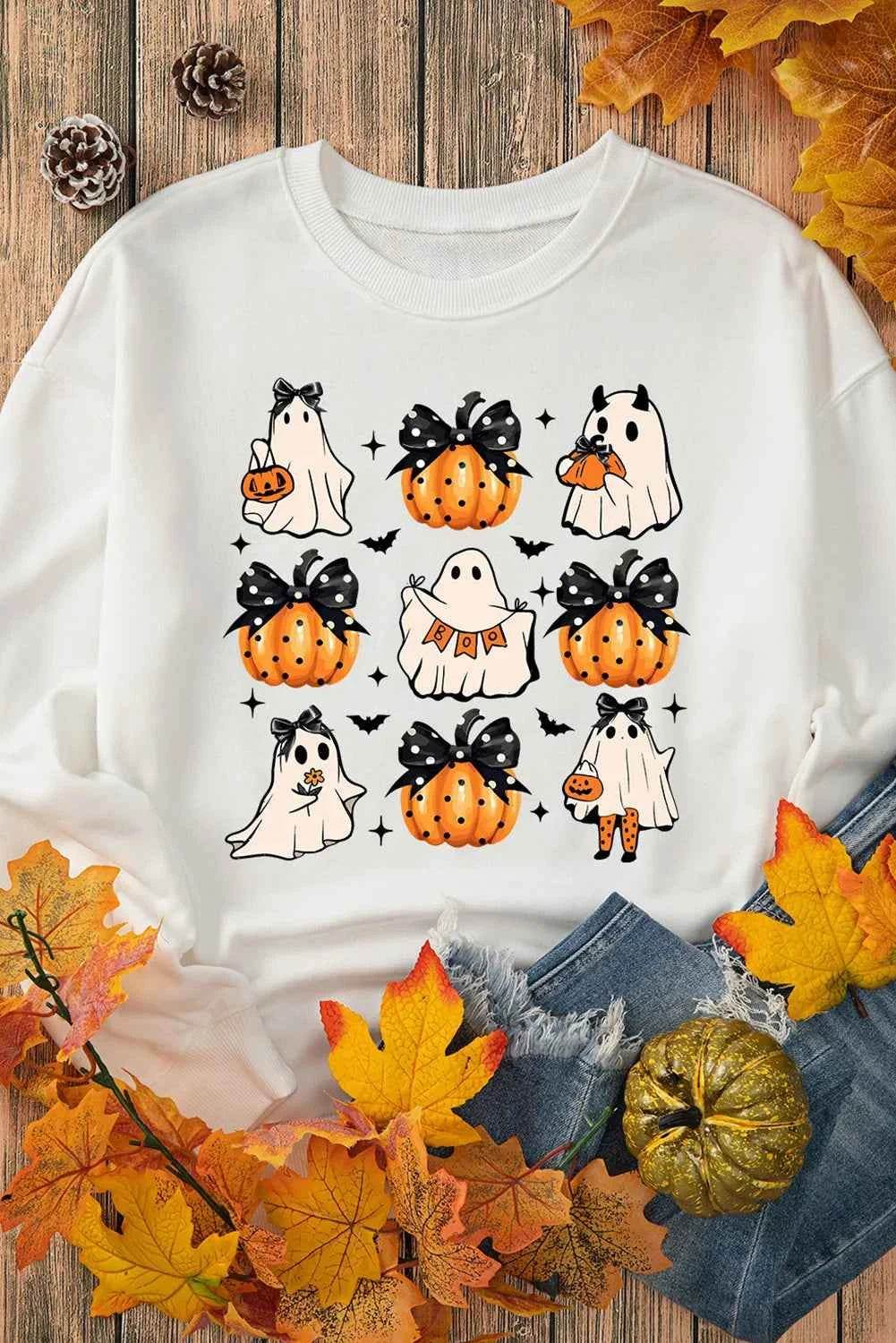 Pumpkin & Ghost Round Neck Long Sleeve Sweatshirt Trendsi 32fe4eb8-bea0-4157-954f-9e04201d81c1-Max