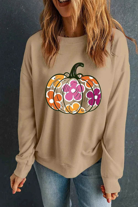 Pumpkin & Flower Graphic Long Sleeve Sweatshirt Khaki Trendsi 33235b84-0dc4-48bd-8f10-6d41a7a9c135-Max