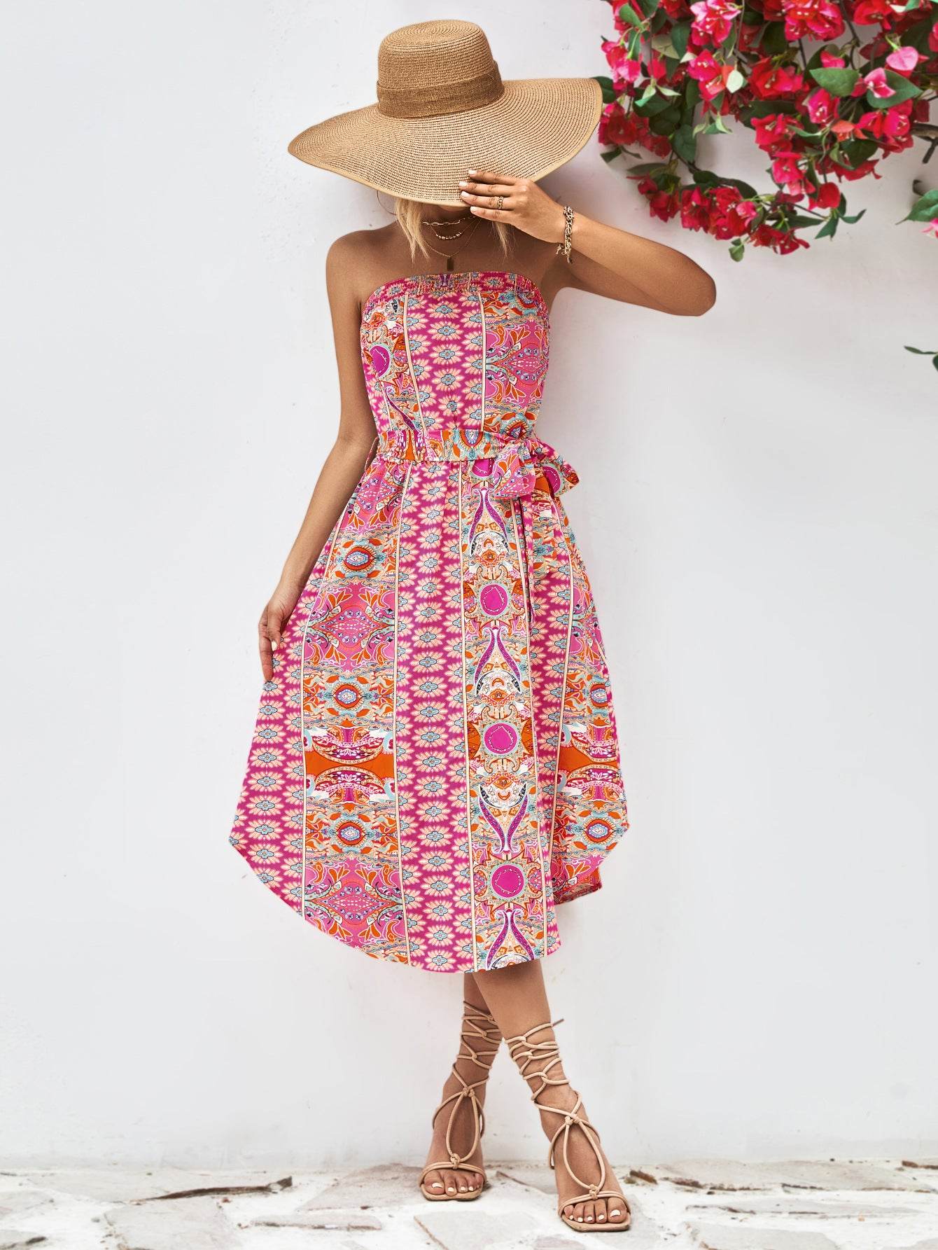 Printed Strapless Tie Belt Dress Trendsi 333da545378e41aa861b93d2dc64c5cf-Max