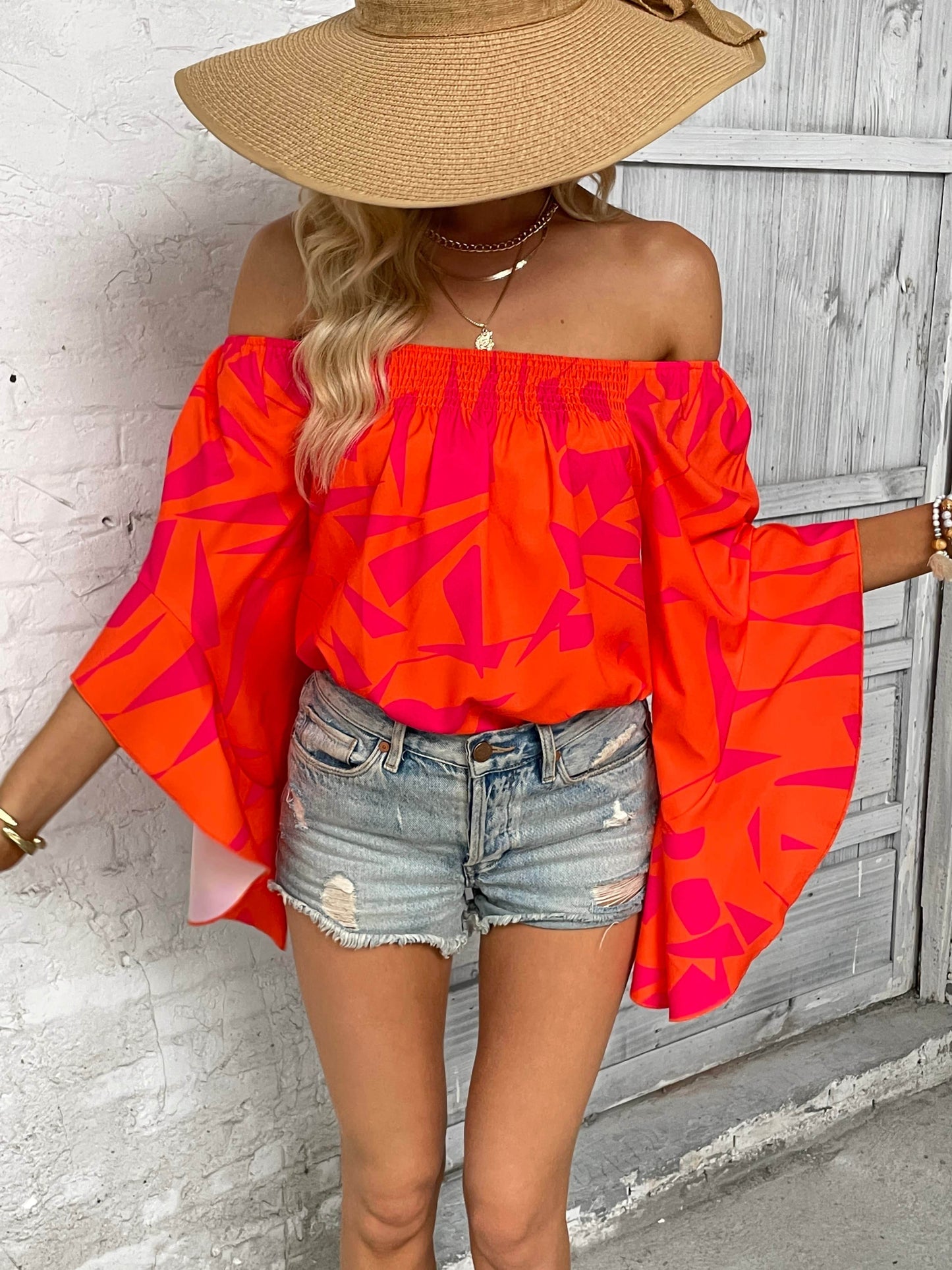 Printed Off-Shoulder Bell Sleeve Blouse Orange Trendsi 3376e3dadbab4f839f0966f7b2077fb2-Max
