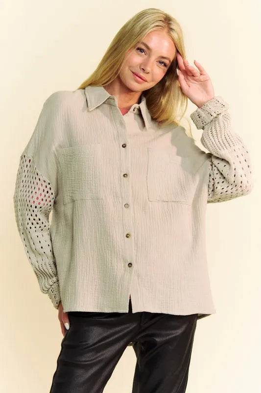 Davi & Dani Crochet Sleeve Crinkled Texture Shirt Trendsi 33936119-78ad-4441-9a0c-868b3943dea2-Max