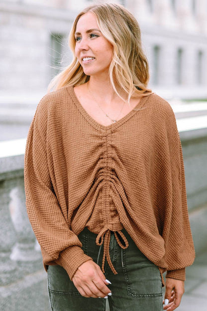 Drawstring Ruched V-Neck Blouse Trendsi 33d755eda4bb4f4ab69dccb1c04ecd00-Max