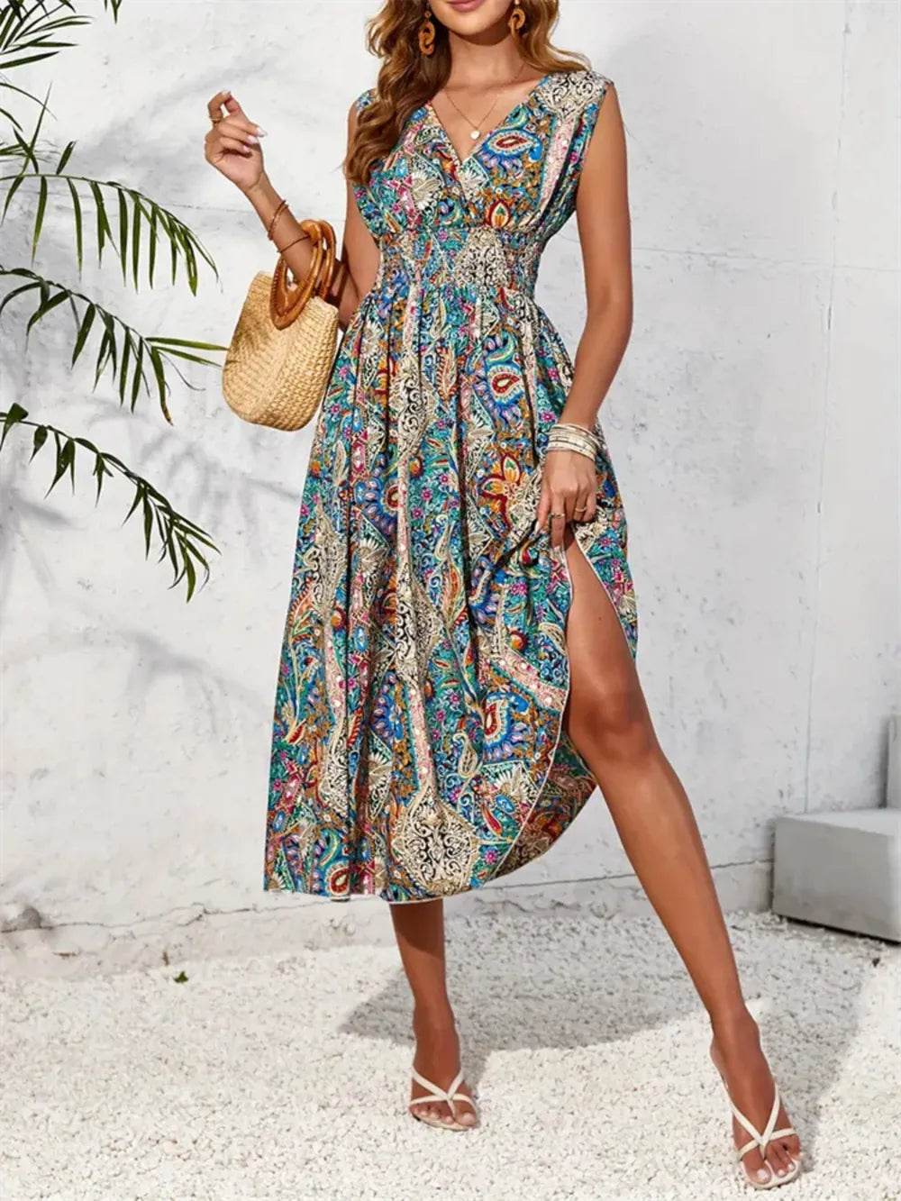 Smocked Printed Surplice Sleeveless Midi Dress Trendsi 33d93312-d08e-4c52-b62f-71a529058231-Max