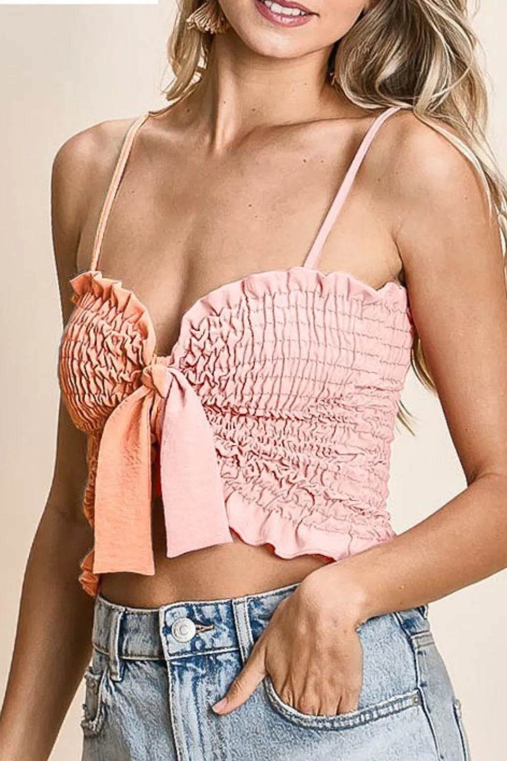 BiBi Woven Color Block Smocked with Ribbon Bra Top PEACH LT PINK Trendsi 3406115c-2627-4434-a887-2748bf069b06-Max-Origin