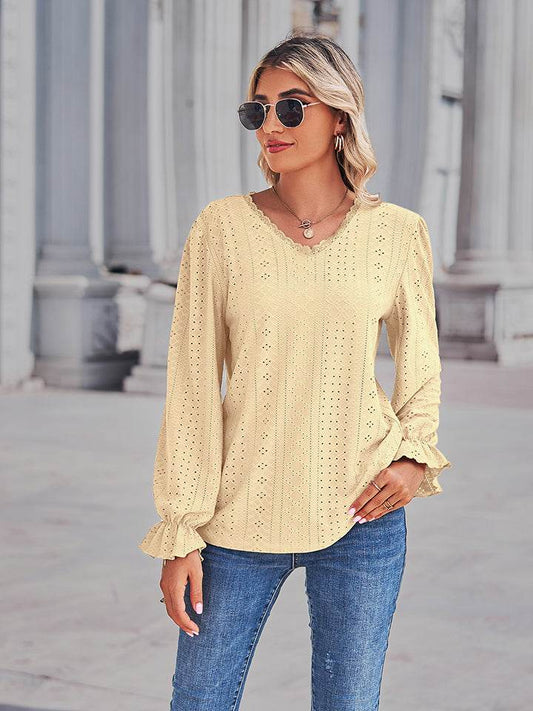Eyelet V-Neck Flounce Sleeve Blouse Lemon Trendsi 34088b8fd51c4611970a46e0309a0c67-Max