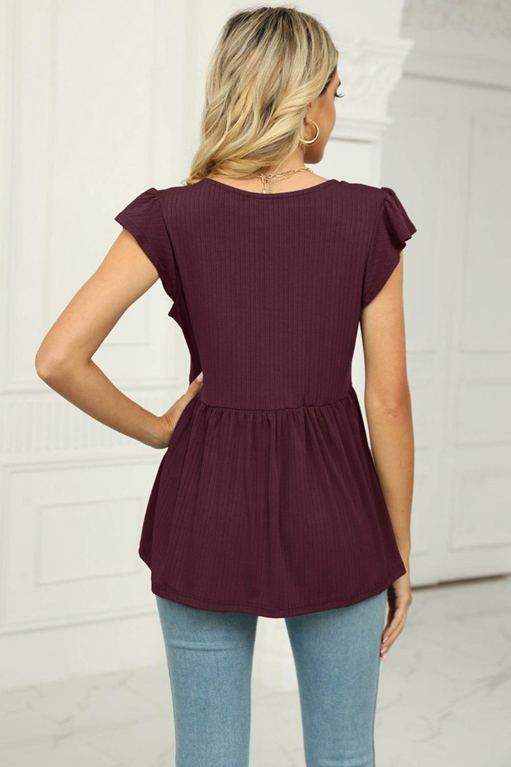 V-Neck Flutter Sleeve Babydoll Blouse Trendsi 34093a61e2f44b27906b79ce8445efc9-Max