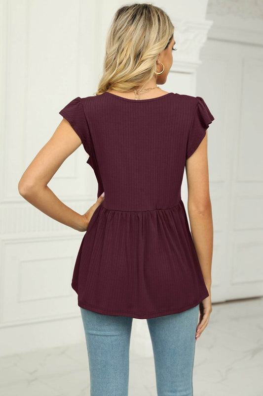V-Neck Flutter Sleeve Babydoll Blouse Trendsi 34093a61e2f44b27906b79ce8445efc9-Max